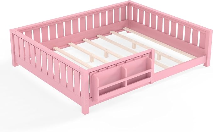 Bellemave Queen Size Floor Bed with high Rails and with Built-in Bookshelf for Kids, Girls, Boys, Wood Montessori Floor Bed Without Door, Pink