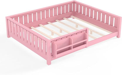Bellemave Queen Size Floor Bed with high Rails and with Built-in Bookshelf for Kids, Girls, Boys, Wood Montessori Floor Bed Without Door, Pink