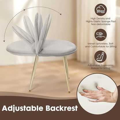 Vanity Chair with Adjustable Backrest, Velvet Upholstery Armless Makeup Stool, Gray Velvet Vanity Stool with Gold Metal Legs for Bedroom Living Room Kitchen Dinning Room (Gold and Gray)