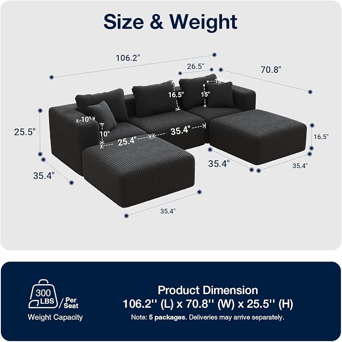 Avenco 106.2” U-Shaped Modular Sectional Sofa Couch with 2 Ottomans, Individually Wrapped Coil Support & Corduroy Fabric, Zero Assembly 5-Piece Set for Mid-Size Living Room, Black