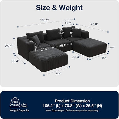Avenco 106.2” U-Shaped Modular Sectional Sofa Couch with 2 Ottomans, Individually Wrapped Coil Support & Corduroy Fabric, Zero Assembly 5-Piece Set for Mid-Size Living Room, Black