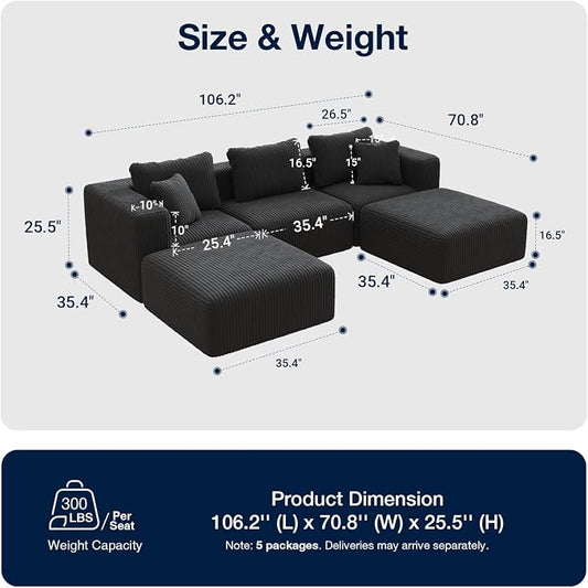 Avenco 106.2” U-Shaped Modular Sectional Sofa Couch with 2 Ottomans, Individually Wrapped Coil Support & Corduroy Fabric, Zero Assembly 5-Piece Set for Mid-Size Living Room, Black