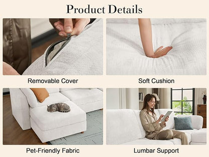 Oversized Modular Sectional Sofa V-Shaped Cloud Couches White | Extra Large Deep Seat Couch for Living Room, 6-Seater Luxury Corner Sofa, Solid Wood Frame, Removable Washable Cover