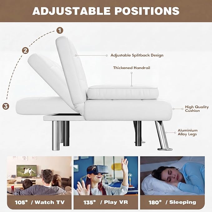 Homall Futon Sofa Bed, Leather Futon Couch with Removable Armrests, Adjustable Recliner Sleeper Sofa Bed with Dual Cup Holders for Living Room, Apartment, Office (White)
