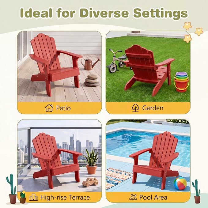 Giantex Kids Adirondack Chair, All-Weather HIPS Children's Outdoor Chair with Tilted High Backrest, Toddler Beach Chair for Garden Patio Backyard, Kids Lawn Chairs for Age 3-7 (2,Red)