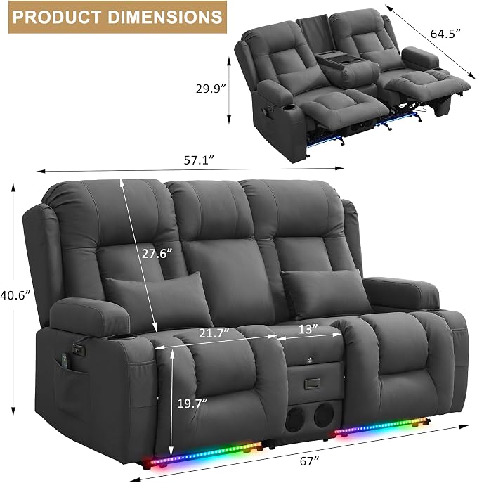 URRED Power Loveseat Recliner Sofa with Massage and Heat, Wall Hugger Reclining Loveseat with Console, RV Couch Home Theater Seating with LED Lights for Living Room (Grey, 67" - 2 Seats)