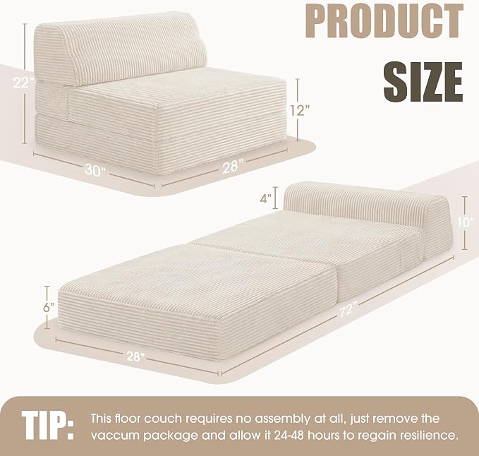 Kasunpul Folding Sofa Bed with Pillow, Memory Foam Fold Out Chair Bed, Convertible Sleeper Chair with Washable Cover, Futon Floor Couch for Living Room/Dorm/Guest Use/Home Office/Apartment, Beige