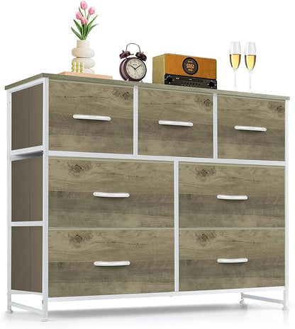 7-Drawer Dresser for Bedroom, Anti-Tip Wide Storage Organizer Fabric Chest of Drawers TV Stand for 45" TV with Wooden Top and Metal Frame for Closet, Living Room, Hallway, Entryway, Greige Oak