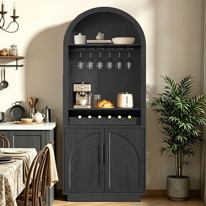Fatmok 3-Piece Furniture Set with Arched Wine Cabinet, 3-Drawer Nightstand and Triple Arch Console Table, Wood Grain Display Bar Station with LED Lighting, USB Port and Open Shelving, Black Grey