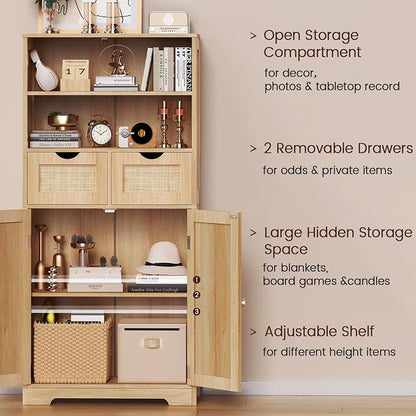 Iwell Tall Storage Cabinet, Rattan Cabinet with 2 Drawers & Adjustable Shelf, Kitchen Pantry Storage Cabient, Entryway Cabinet for Living Room, Dining Room, Home Office, Natural