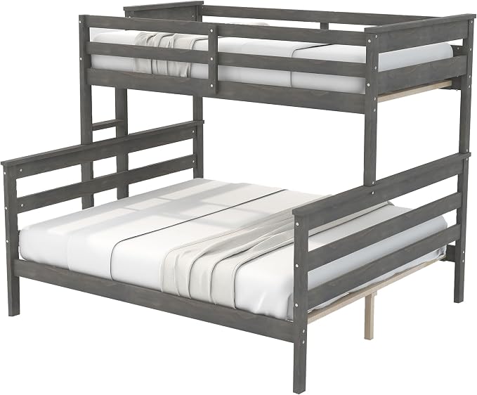 Wood Bunk Bed Twin XL Over Queen Size, Detachable Design Bunk Bed Frame with Safety Guardrail, Ladder and Sturdy Slats Support (Grey-4.21)