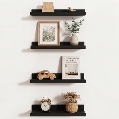 Axeman Black Picture Ledge Shelf Set of 4, 16'' Floating Shelves with Lip | Rustic Black Wood Picture Shelves for Wall with Ledge, Wall Shelves with Lip for Photos Nursery Books