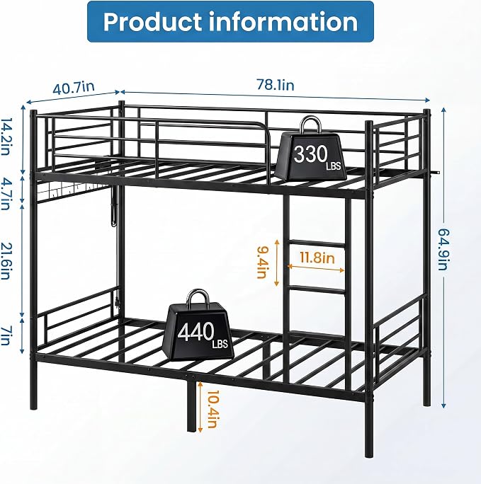 Bunk Bed,Bunk Bed Twin Over Twin with Power Outlet and LED Lights,Heavy-Duty Safety Metal Rails Ladder,Space-Saving Design with Storage Hooks,440lbs Capacity,Black
