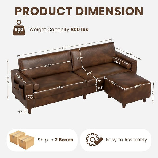 Vesgantti 100" Faux Leather Sofa with Movable Ottoman, Wide Seating L Shaped PU Leather Couch with Side Pocket, Comfy Mid Century Modern Modular Sectional Sofa for Living Room, Office, Cocoa