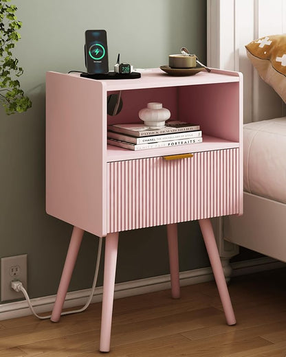 JOONEE Nightstand with Oultlet,Modern Bedside Table with Storage Drawer and Open Wood Shelf, for Living Room, Bedroom and Small Spaces, Accent Night Stand with Solid Wood Legs, Easy Assembly,Pink