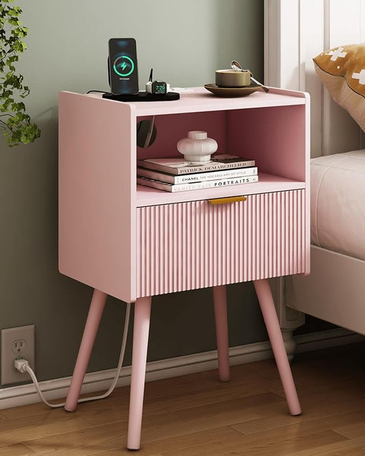 JOONEE Nightstand with Oultlet,Modern Bedside Table with Storage Drawer and Open Wood Shelf, for Living Room, Bedroom and Small Spaces, Accent Night Stand with Solid Wood Legs, Easy Assembly,Pink