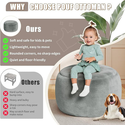 Gericco Round Pouf Ottoman Foot Rest, 29 X 18Inch Floor Poufs Footstool, A Round Modern Foam Filled Foot Stool for Living Room, Home, Nursery, Dorm (Grey, 29Inch)