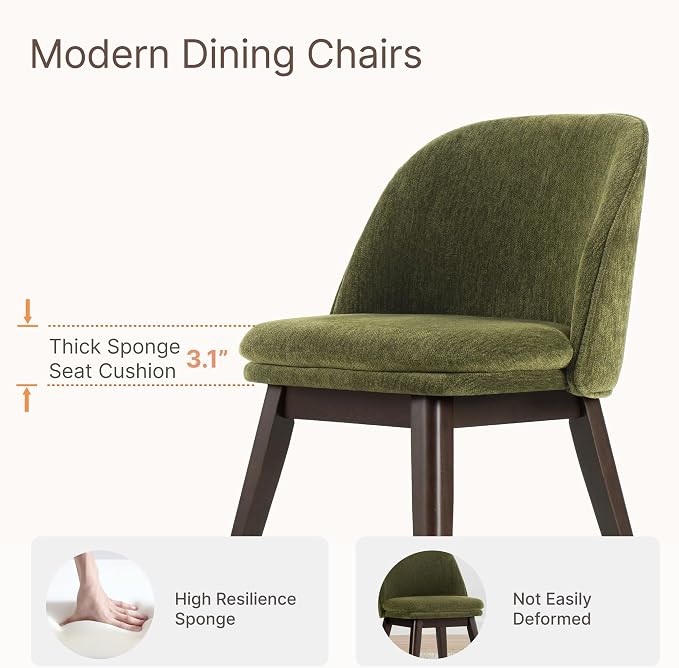 KISLOT Wooden Dining Chairs Set of 2, Fabric Upholstered Modern Dining Room Chairs with Double-Layer Thick Seat Cushion & Ergonomic Backrest for Restaurant, Kitchen and Café, Green