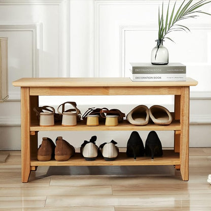 Dewfig Shoe Rack Bench, 3-Tier Shoe Shelf Organizer,6-Pairs Entryway Storage Bench for Hallway, Bedroom, Living Room, Bedroom, Hold up to 550 lbs, Solid Wood, Natural