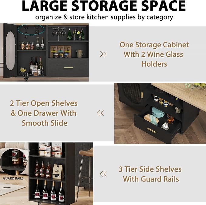 HSH 72" Rolling Kitchen Island with Seating, 360° Swivel Table, Kitchen Island with Storage Cabinet, Drawer & Shelves, Farmhouse Mobile Island Cart on Wheels for Dining Room & Home Bar, Black Oak