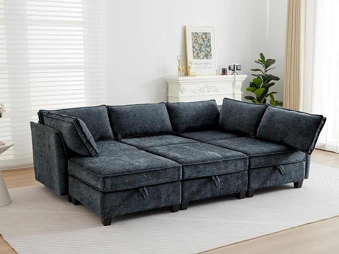 ORRD Sleeper Modular Sectional Sofa Set, Convertible Couch Bed with Storage, 6 Seater and 3 Armrestes Sofa Modular for Living Room, Office (Blue Grey)