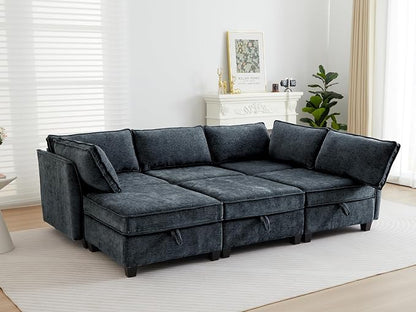 ORRD Sleeper Modular Sectional Sofa Set, Convertible Couch Bed with Storage, 6 Seater and 3 Armrestes Sofa Modular for Living Room, Office (Blue Grey)