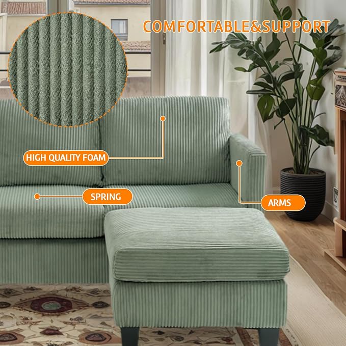 67'' L-Shaped Velvet Modular Sectional Couch Sofa with Ottoman, 3-Seat Convertible Cloud Deep Seat Sofa Couches for Living Room Bedroom Apartment, Cozy Chaise Lounge Sofas (Olive Green)