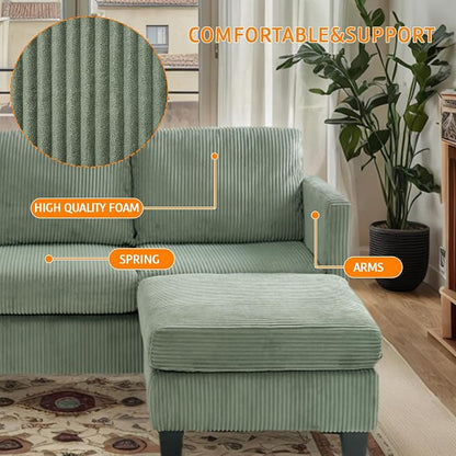 67'' L-Shaped Velvet Modular Sectional Couch Sofa with Ottoman, 3-Seat Convertible Cloud Deep Seat Sofa Couches for Living Room Bedroom Apartment, Cozy Chaise Lounge Sofas (Olive Green)