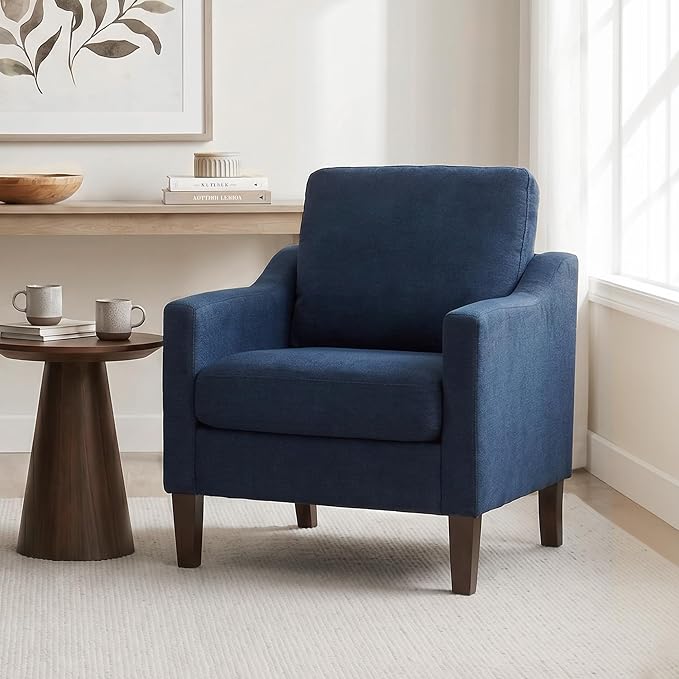 VKNOW Mid-Century Accent Chair, No Tools Assembly Required, Modern Upholstered Polyester Armchair for Living Room,Comfy Reading Accent Chairs with Wood Legs for Bedroom, Navy Blue
