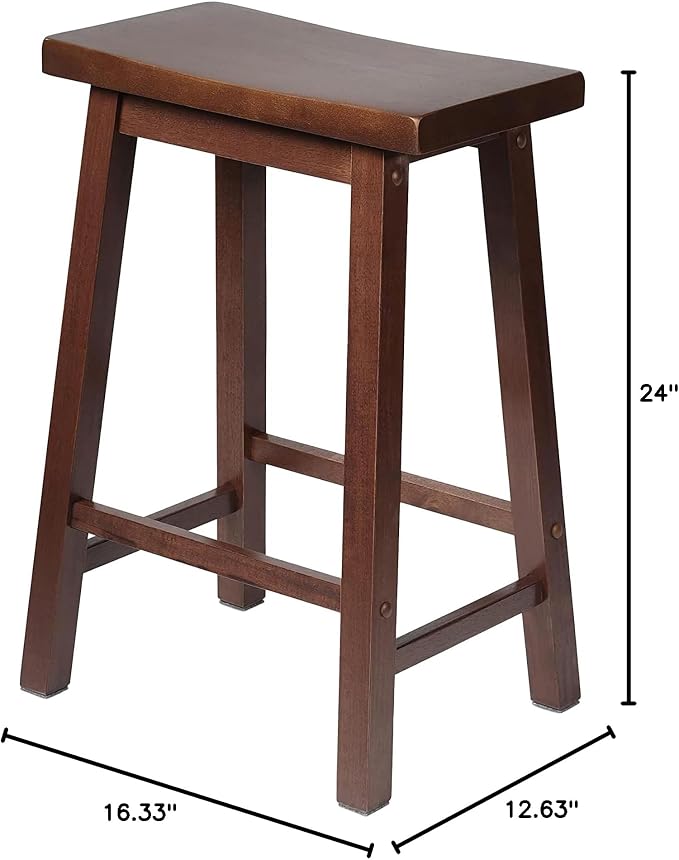 PJ Wood Classic Saddle-Seat 24'' Tall Kitchen Counter Stool for Homes, Dining Spaces, and Bars with Backless Seat, 4 Square Legs, Walnut (2 Pack)