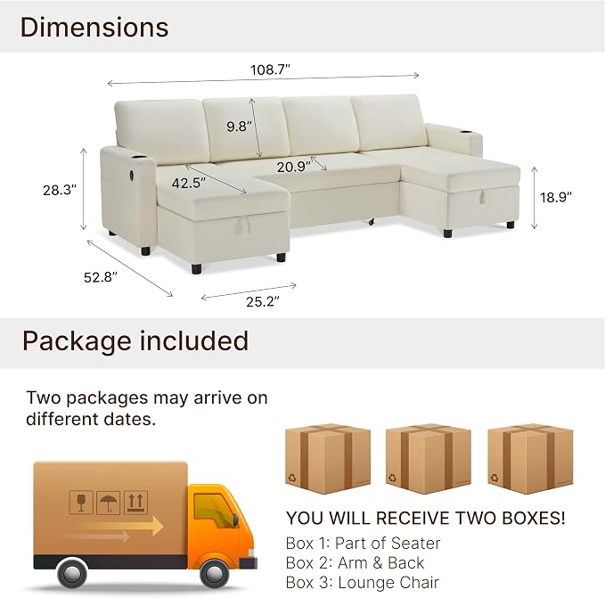 KISLOT 110 Inch Sectional Sleeper Sofa with Pull Out Bed Convertible Plush 2 in 1 Couch with Storage Chaise & USB Charging Comfy L Shaped Modular Couches for Living Room Apartment(3 Box)