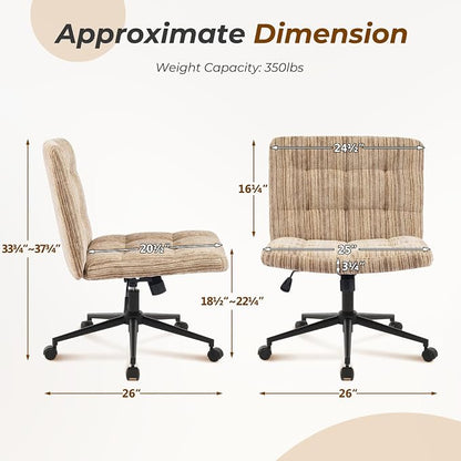 Furnimart 360° Swivel Criss Cross Desk Chair Extra-Thick Cushion, Premium Chenille Cross Legged Chair with Wide Seat & Wheels, Comfy Armless Home Office Chair for Bedroom, Vanity, Sturdy (Light Brown)