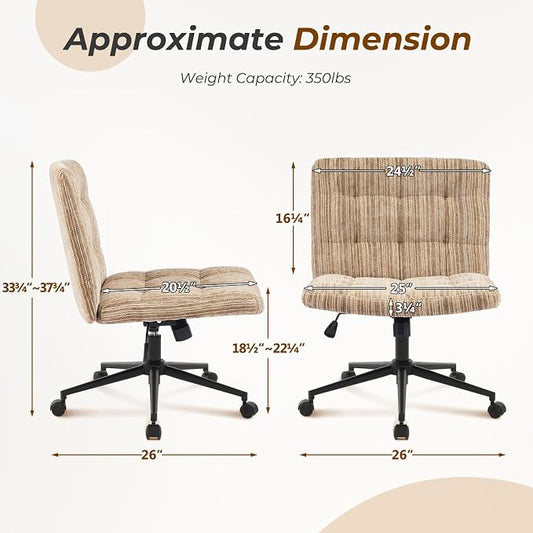 Furnimart 360° Swivel Criss Cross Desk Chair Extra-Thick Cushion, Premium Chenille Cross Legged Chair with Wide Seat & Wheels, Comfy Armless Home Office Chair for Bedroom, Vanity, Sturdy (Light Brown)