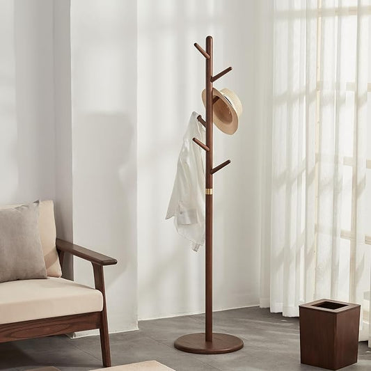 Coat Rack, Solid Wood Coat Rack Freestanding with 6 Hooks, Wooden Coat Tree Freestanding for Hats, Handbags, Coat Stand for Entryway, Bedroom, Hallway - Gift for Her (Walnut)
