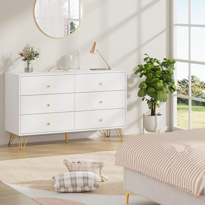 CARPETNAL White Dresser for Bedroom, 6 Drawer Dresser with Wide Drawers and Gold Metal Handles, Wood Dressers & Chest of Hallway, Entryway.