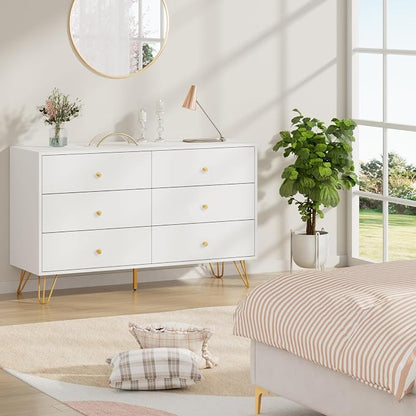 CARPETNAL White Dresser for Bedroom, 6 Drawer Dresser with Wide Drawers and Gold Metal Handles, Wood Dressers & Chest of Hallway, Entryway.