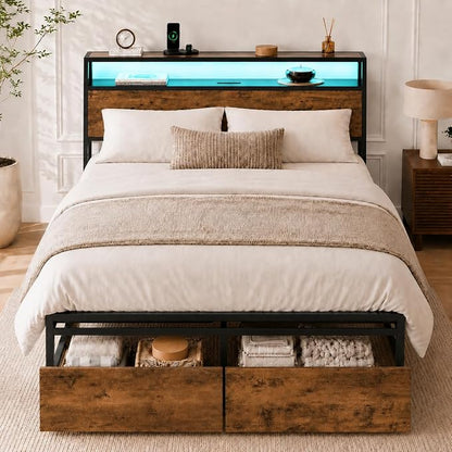 Zevemomo Queen Size Bed Frame with Storage Drawers, Bed Frame Queen Size with Headboard, LED Light, Charging Station with 3 USB Ports & 1 Type-C Port, Noiseless, Rustic Brown