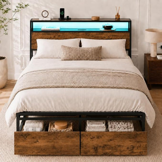 Zevemomo Queen Size Bed Frame with Storage Drawers, Bed Frame Queen Size with Headboard, LED Light, Charging Station with 3 USB Ports & 1 Type-C Port, Noiseless, Rustic Brown
