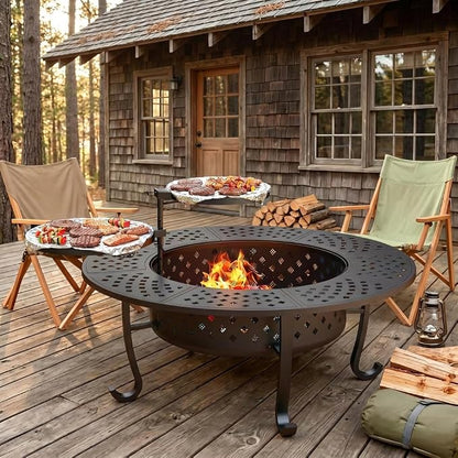 Outdoor Fire Pit, 43" Fire Pit for Outside Wood Burning with Adjustable 2 Grills, Firepit with Lid and Fire Poker, BBQ, Bonfire, Round Outdoor Fireplace 3 in 1 for Patio, Backyard, Garden, Camping
