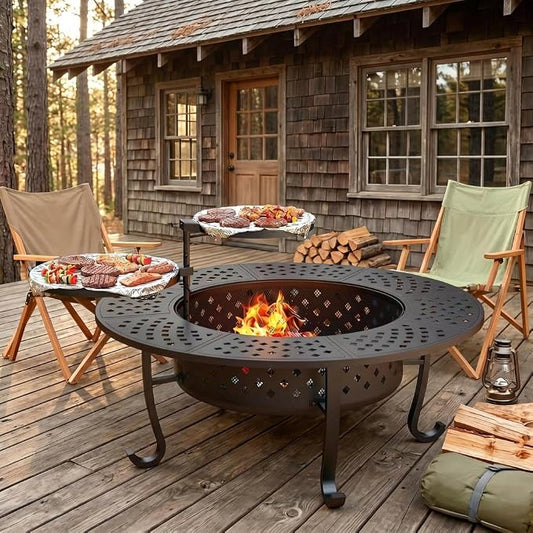 Outdoor Fire Pit, 43" Fire Pit for Outside Wood Burning with Adjustable 2 Grills, Firepit with Lid and Fire Poker, BBQ, Bonfire, Round Outdoor Fireplace 3 in 1 for Patio, Backyard, Garden, Camping