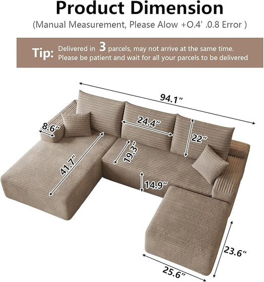 95" Cloud Sectional Couch U-Shaped Chaise with Ottoman, Corduroy Boneless Couch for Living Room Bedroom, Deep-Seat Upholstered Modular Cloud Sofa, No Assembly Required (Camel, Left Facing Chaise)