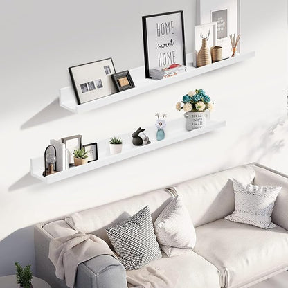 Muzilife 45.3" Large Floating Wall Ledge Shelves with Lip - Set of 2 Wood Floating Shelves - White Wall Mounted Picture Ledge for Office, Bathroom, Bedroom, Living Room, Kitchen