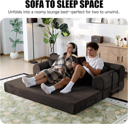 78.8" Boneless Memory Foam Couch, Corduroy Convertible Floor Sofa Bed, Fold-Out Sleeper Futon Loveseat, Wide Armrests & Supportive Back, 1200 lb, Couch in a Box, 2 Pillows, Brown