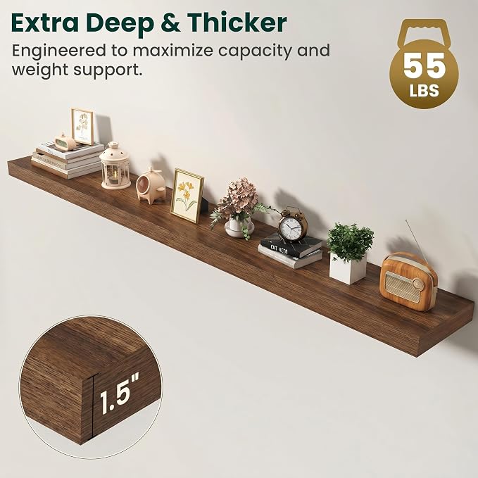 Floating Shelves for Wall, 72 Inch x 8 Inch Deep Wall Mounted Wood Shelf with Invisible Brackets for Storage & Display, Living Room Bedroom Kitchen, Walnut, Set of 2