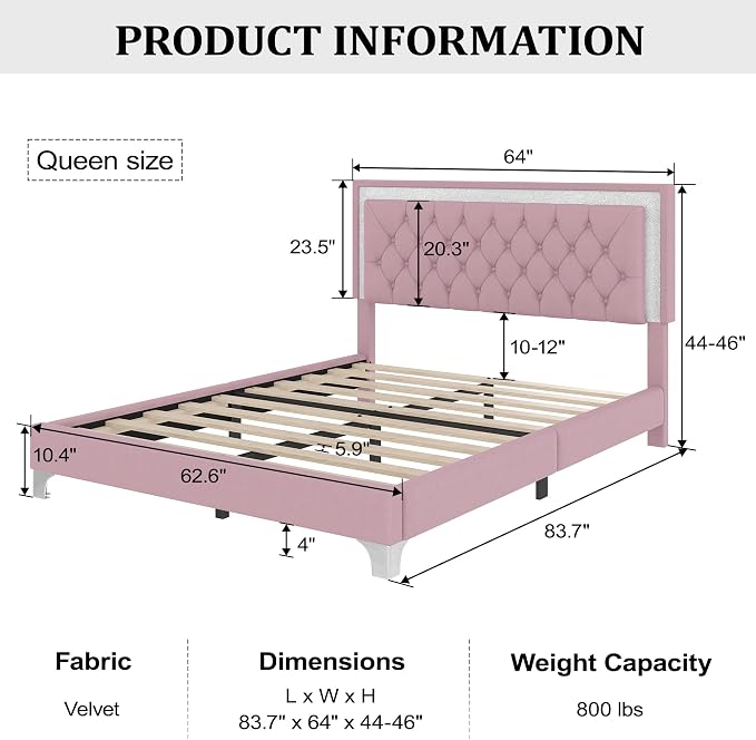Flieks Bedroom Sets, 3-Pieces Bedroom Sets, Queen Size Upholstered Platform Bed with LED Lights and 2 Nightstands, Pink