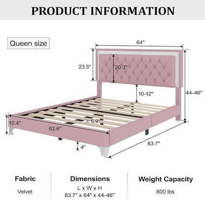 Flieks Bedroom Sets, 3-Pieces Bedroom Sets, Queen Size Upholstered Platform Bed with LED Lights and 2 Nightstands, Pink