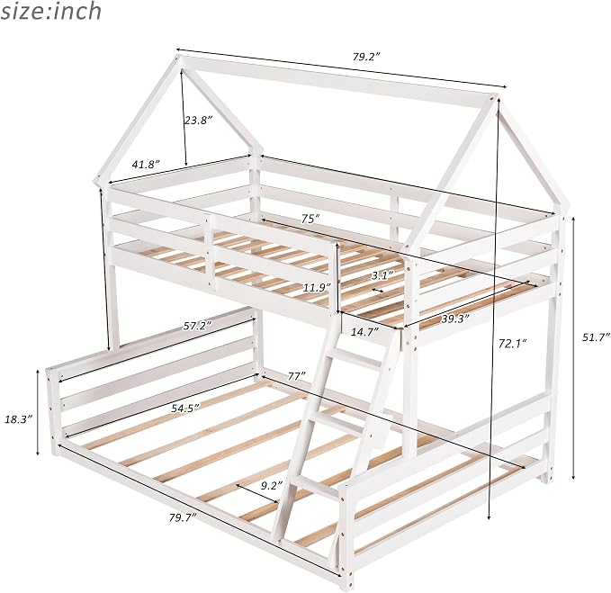 Merax House Floor Bunk Bed with Ladder Twin Over Full,Wood Low Bunk Bed with Full-Length Gardrail, Space-Saving,No Box Spring Needed White