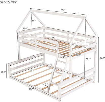Merax House Floor Bunk Bed with Ladder Twin Over Full,Wood Low Bunk Bed with Full-Length Gardrail, Space-Saving,No Box Spring Needed White