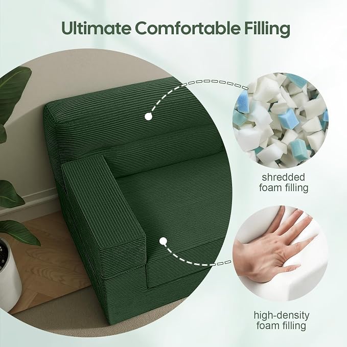 MeMoreCool Queen Sofa Bed, 4-in-1 Pull Out Couch Bed with Wedge Pillow, Boneless Futon Sleeper Loveseat, No Assembly Folding Sofa for Living Room Guest Room, Green Corduroy