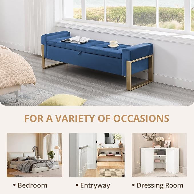 67'' End of Bed Storage Bench King Size, Storage Ottoman Bench for Bedroom, Modern Velvet Bed Benches for Foot of Beds with Gold Legs for Window Living Room Entryway, Dark Blue